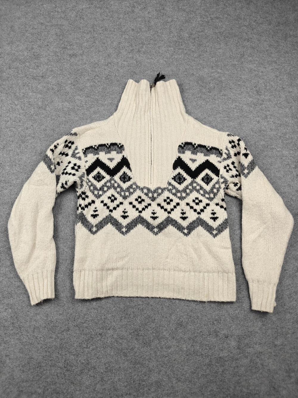 Idyllwind Sweater Womens Small White 1/4 Zip Fair Isle Chunky-Knit Lined Tassel